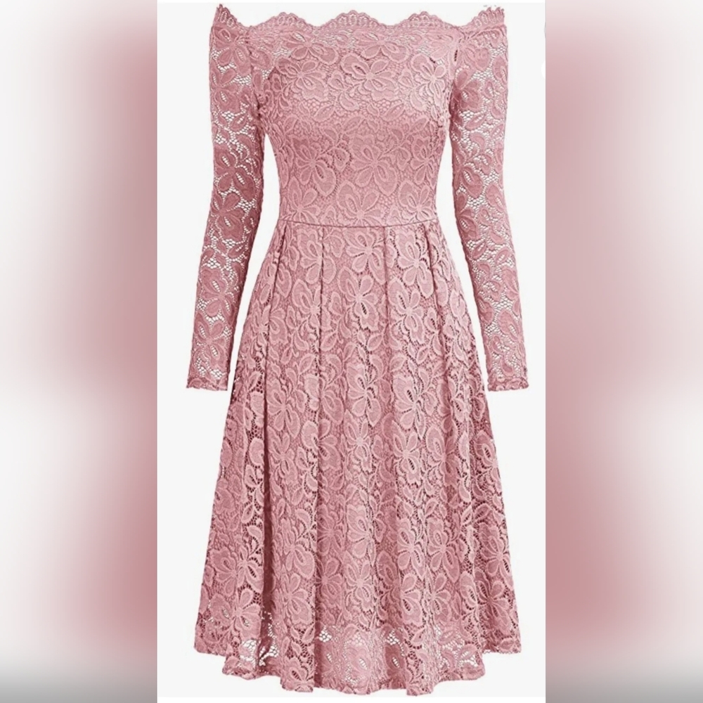 Women's Vintage Floral Lace Long Sleeve Boat Neck Cocktail Swing Dress